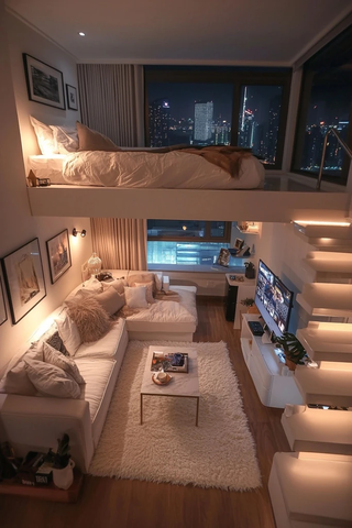 白色公寓夜景观景窗