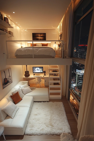 白公寓楼梯沙发电脑桌吉他夜景