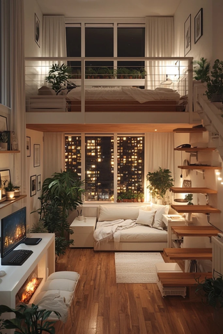 现代公寓木梯电壁炉窗景