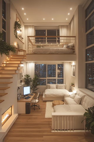 白色公寓木梯壁炉电脑桌