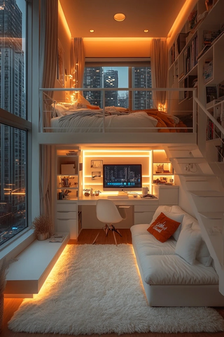 白色复式楼梯沙发电脑床