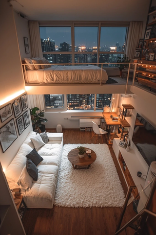 白色公寓夜景观景窗