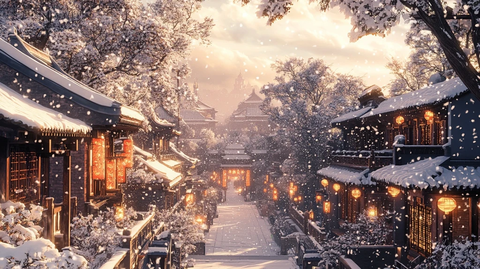 雪覆古街的梦幻夜景