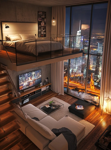 城市夜景小公寓双层床设计