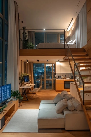 粉色公寓木梯窗景卧室