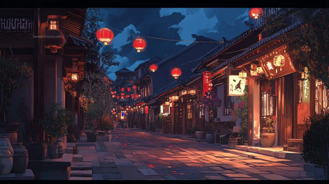 灯笼照亮的古街夜色