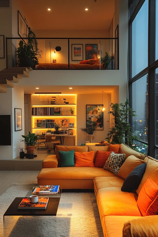 夜晚窗景现代复式公寓