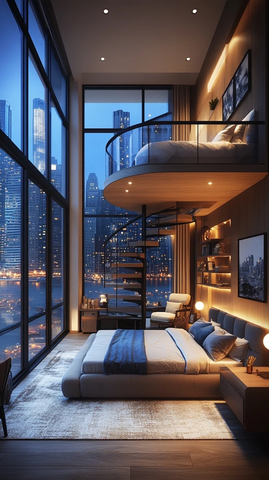 螺旋楼梯双人床二楼沙发书桌