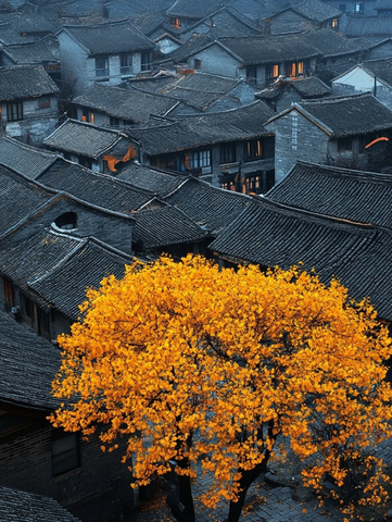 古镇屋顶的秋之色彩