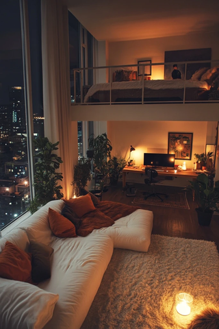 高窗客厅夜景沙发床铺