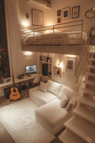 白色复式楼夜景与温馨灯光