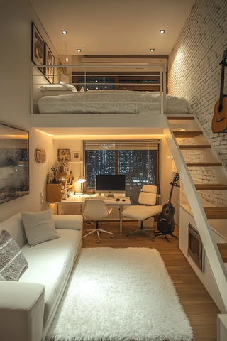 白色复式楼夜间室内景