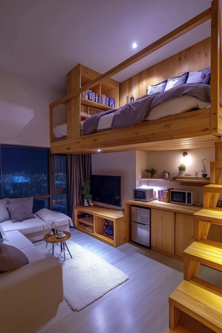 木质楼梯与阁楼床小厨房