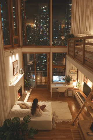 夜晚小公寓木梯电火炉