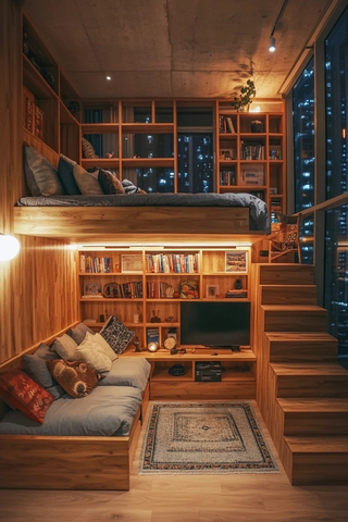 木质楼梯与阁楼床工作区