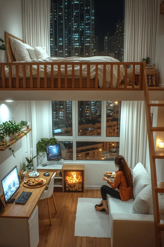 女孩夜晚吃热锅的现代小公寓