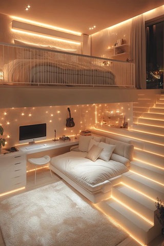 白色复式楼夜景楼梯与床