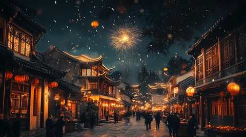 烟花绽放的古街夜