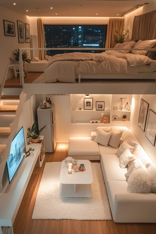 白色公寓沙发床铺夜灯