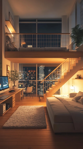 白色公寓木梯电火炉小桌电脑