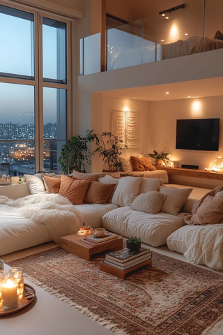 现代公寓夜景沙发茶杯书本