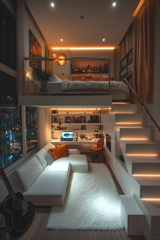 白色复式楼梯与舒适卧室