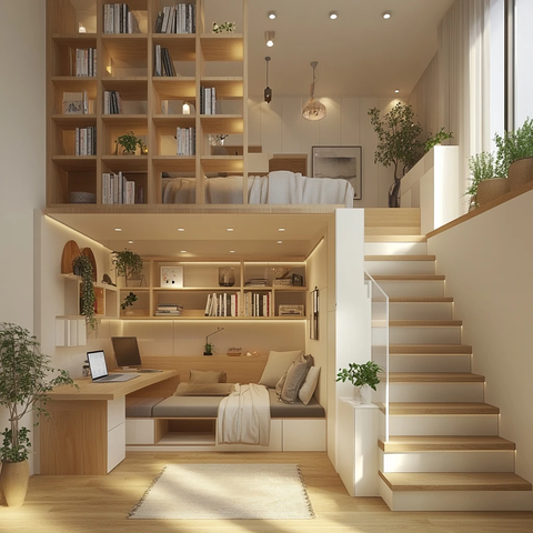 中式小公寓开放厨房书架楼梯
