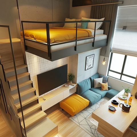 平米公寓带阁楼床和电视区