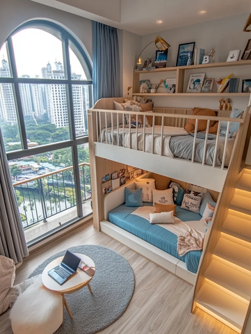 圆床书架双层床儿童房