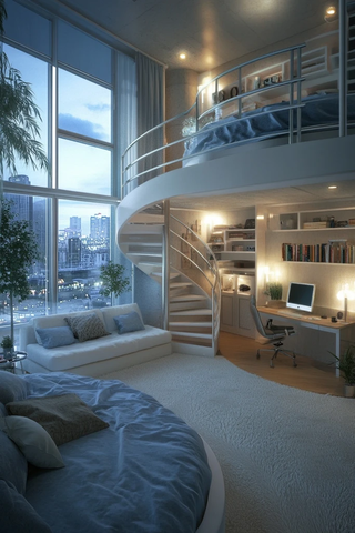 圆床顶铺卧室城市窗景