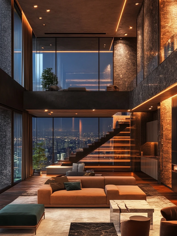 二楼阶梯与全景窗客厅