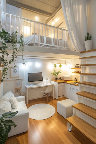 木梯电火炉白窗帘庭院夜景