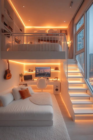 白色复式楼梯沙发电脑桌