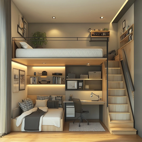 卧室楼梯床书桌书架梯子