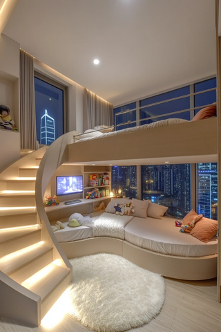 双层床儿童房夜景城市窗景