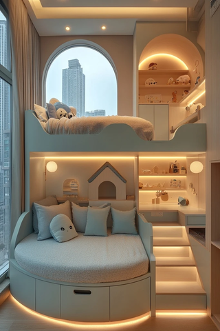 双层床儿童房带楼梯书架