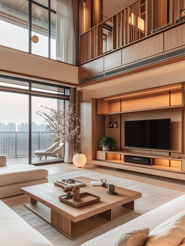 中秋夜现代客厅全景窗赏月