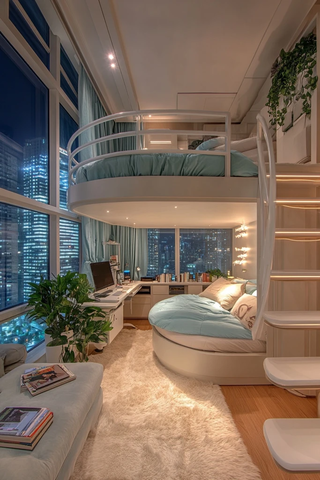 圆形上铺床与城市夜景