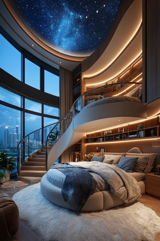 圆形床与星空顶卧室