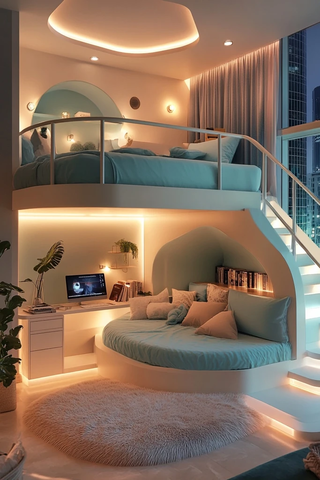 圆顶床铺与城市夜景卧室