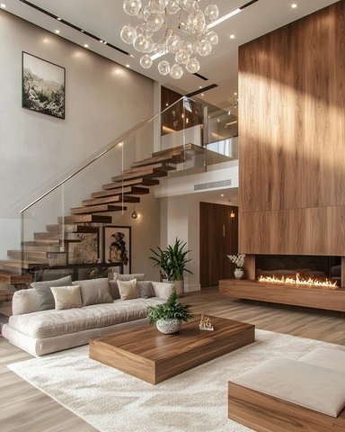 高天花板客厅木楼梯玻璃栏杆