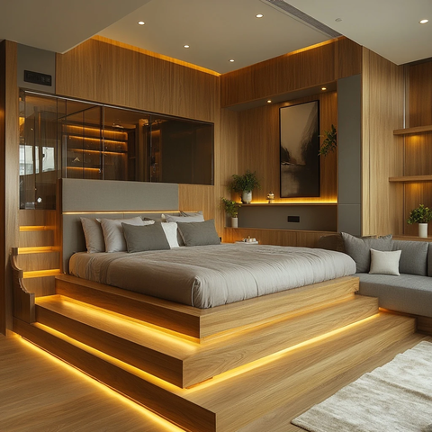 玻璃围栏平台床与下沉客厅