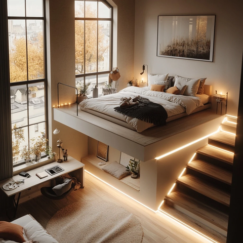 平台床与书桌的温馨卧室