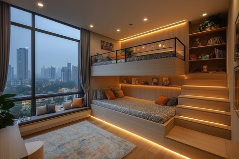 儿童卧室全景落地窗