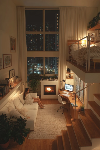 夜晚小公寓木梯电火炉床