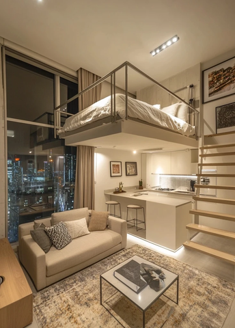 小型公寓带阁楼卧室和开放厨房