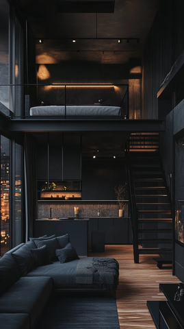 黑色简约阁楼卧室夜景