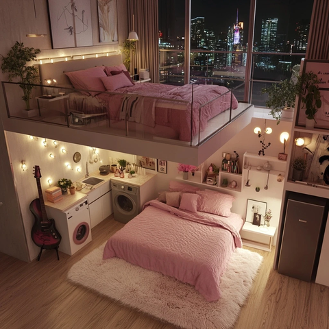 粉色白色阁楼公寓内饰