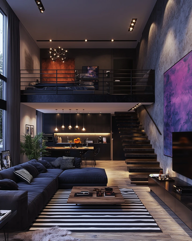 黑白条纹地毯灰墙双层客厅