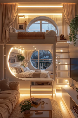 现代阁楼卧室圆床晚景